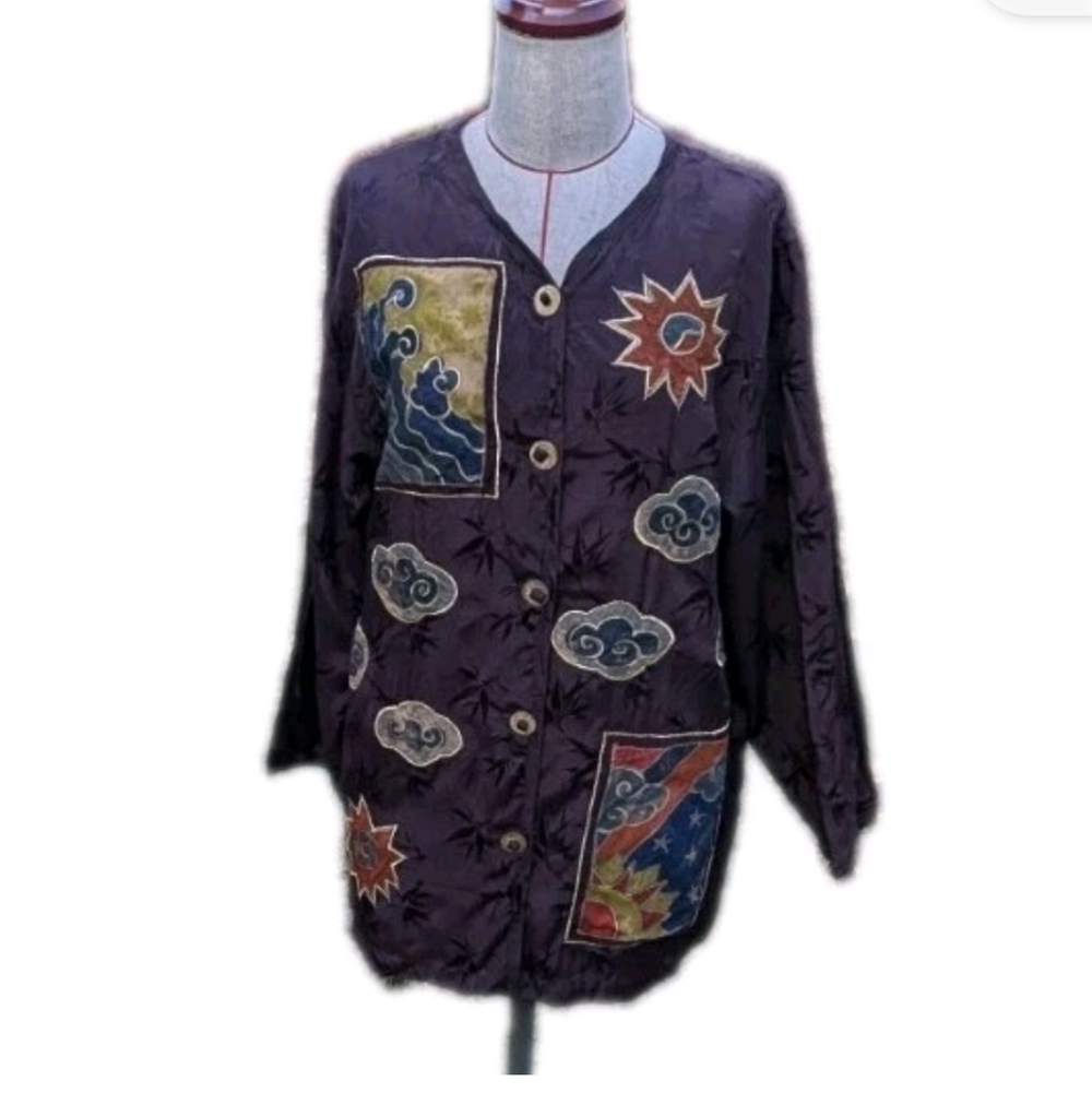 GLOBE TROTTER Small Bali ARTSY Embroidered Tunic Shirt Jacket Plum Gold Rayon